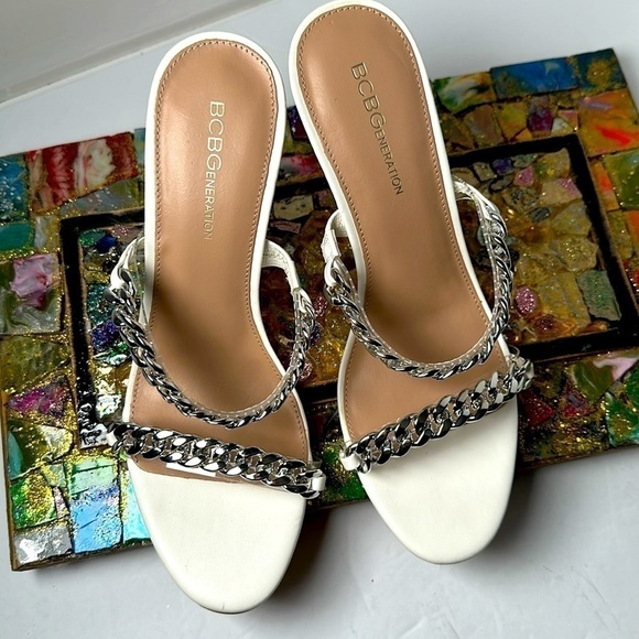 BCBGENERATION Rhinestone Sandals Slip on High Heels Wedding party Bling 9 White - Picture 1 of 10